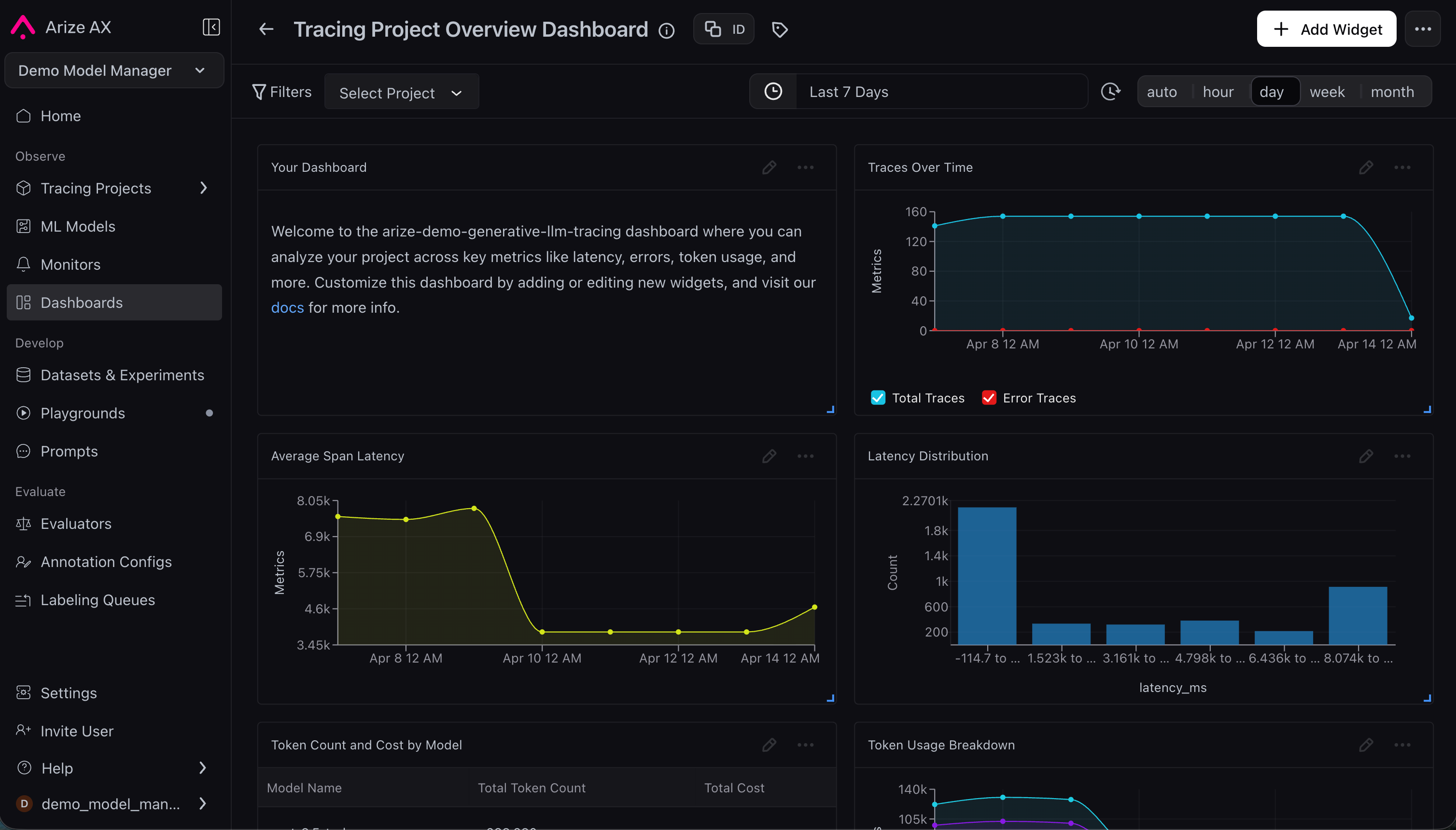 Arize Phoenix dashboard with LLM and RAG pipeline monitoring