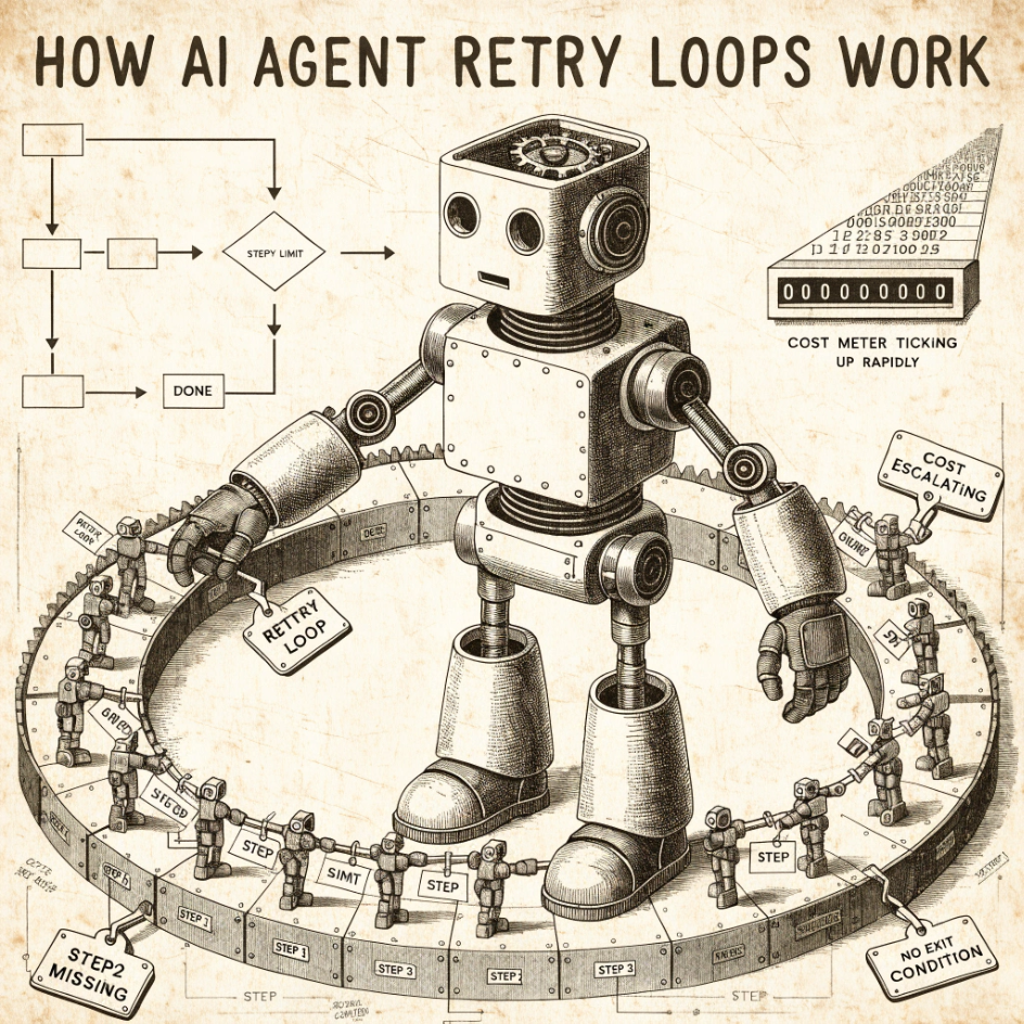 How AI agent retry loops work — a robot circling a loop track with a cost meter climbing in the background