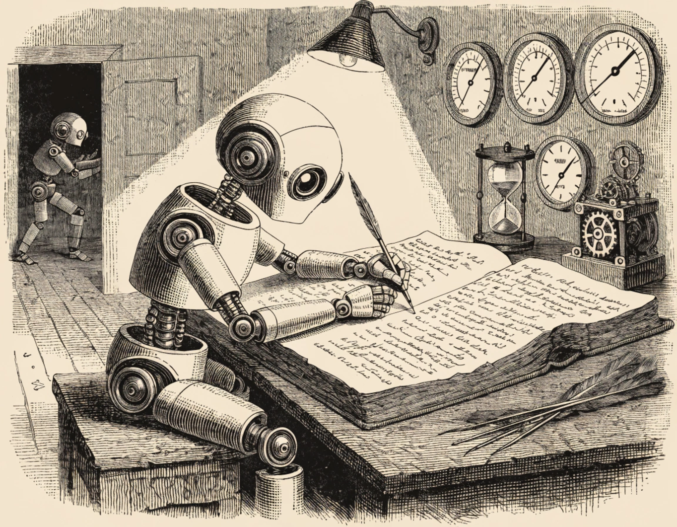 A robot scribe recording agent activity in a ledger while gauges track behavioral metrics on the wall behind it — the three layers of agent monitoring in one view